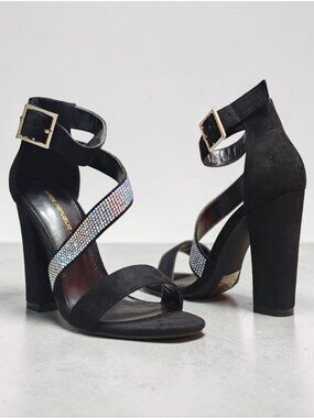Black Block Heel Sandals With Rhinestone Straps & Adjustable Buckle - Womens Dre